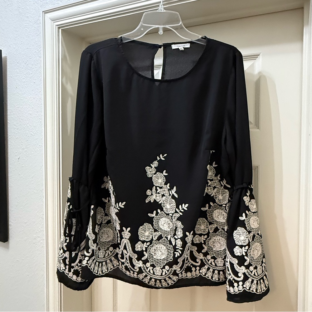 Maurices Black Blouse with White Floral Design